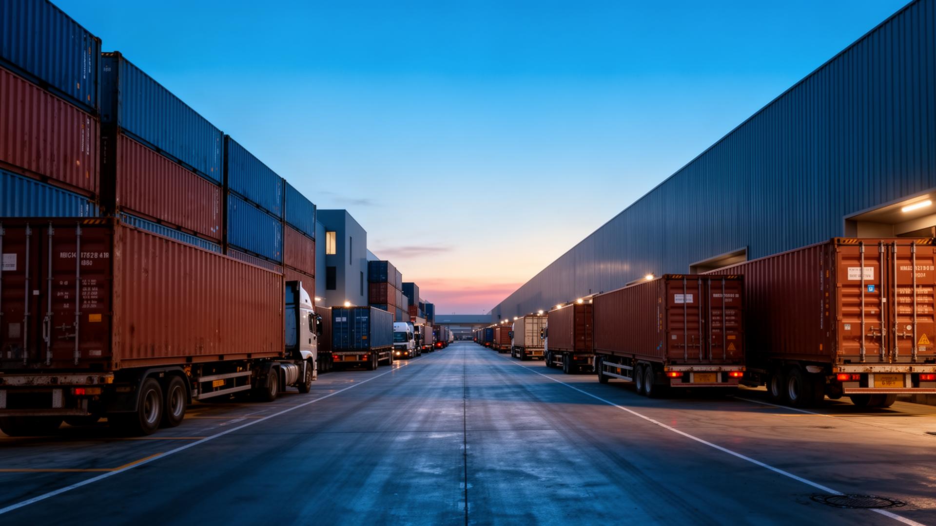 Corredor logístico industrial com containers e caminhões