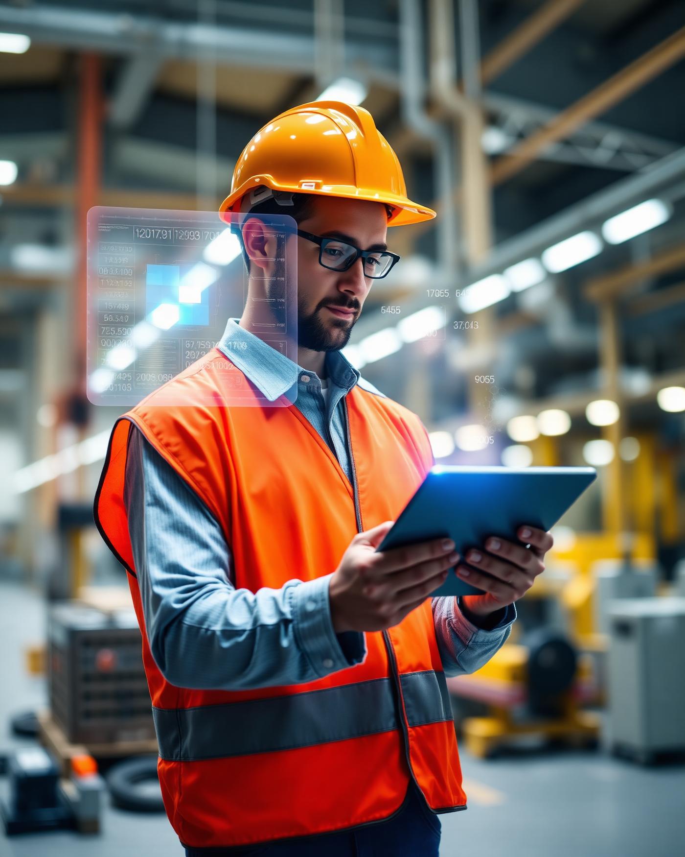 Engenheiro analisando dados de produção em tablet dentro da planta
